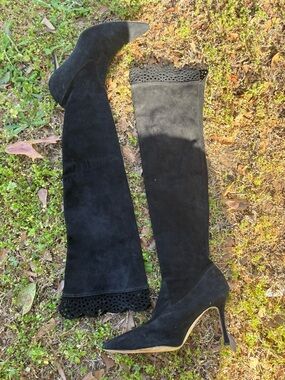 Manolo Blahnik Black Suede Over-the-Knee Pointed-Toe Stiletto Boots